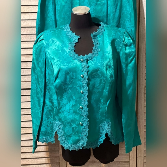 Vintage 80s Brocade Floral Embroidered Skirt Set Suit Pearl Dress Jacket Blazer - Picture 4 of 16